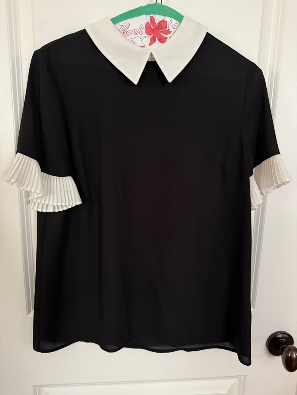 CeCe Black Blouse with White Collar and Pleated Sleeve Accents